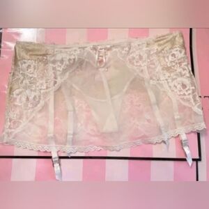 Victoria’s Secret Ivory Lace Mesh Garter Belt Skirt Ribbon Lace Up NWT - Size L